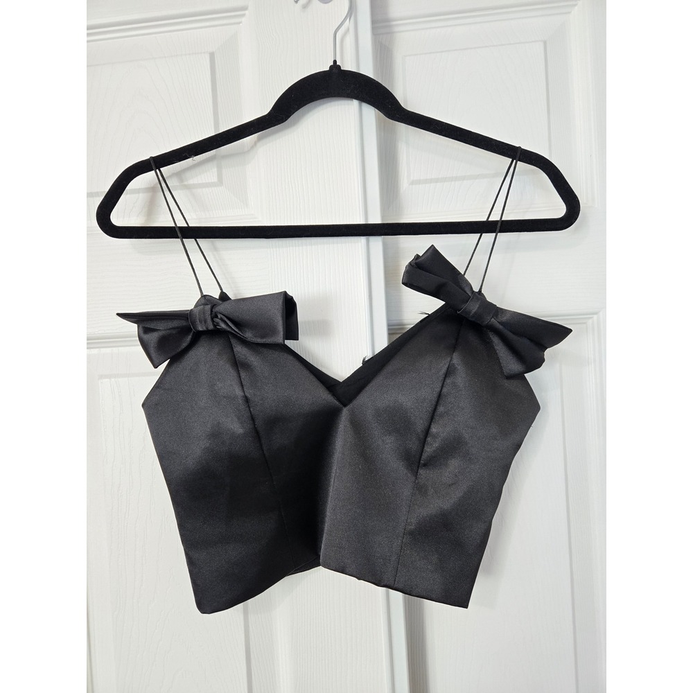 Black Satin Bow Crop Top Spaghetti Strap V-Neck Evening Party Cami Blouse Small